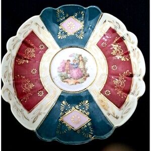 VTG Shofu China Trinket Dish Scallop Edge Courting Couple Red Green Japan MCMMC